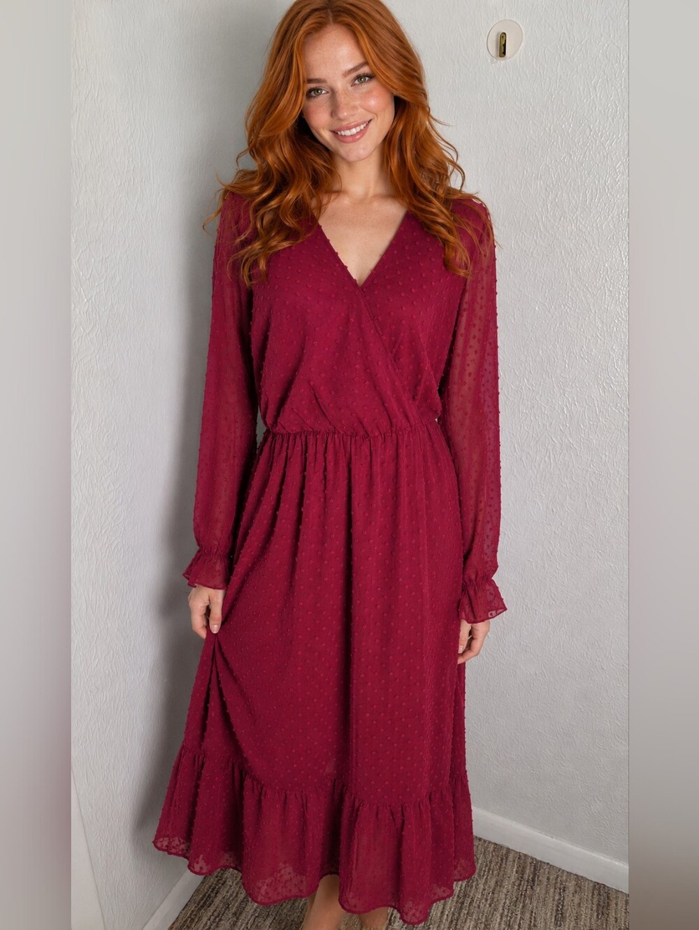 BTFBM Burgundy Red Dotted Swiss Maxi-Dress with Ruffled Hemline, Wrap Top Sz Med